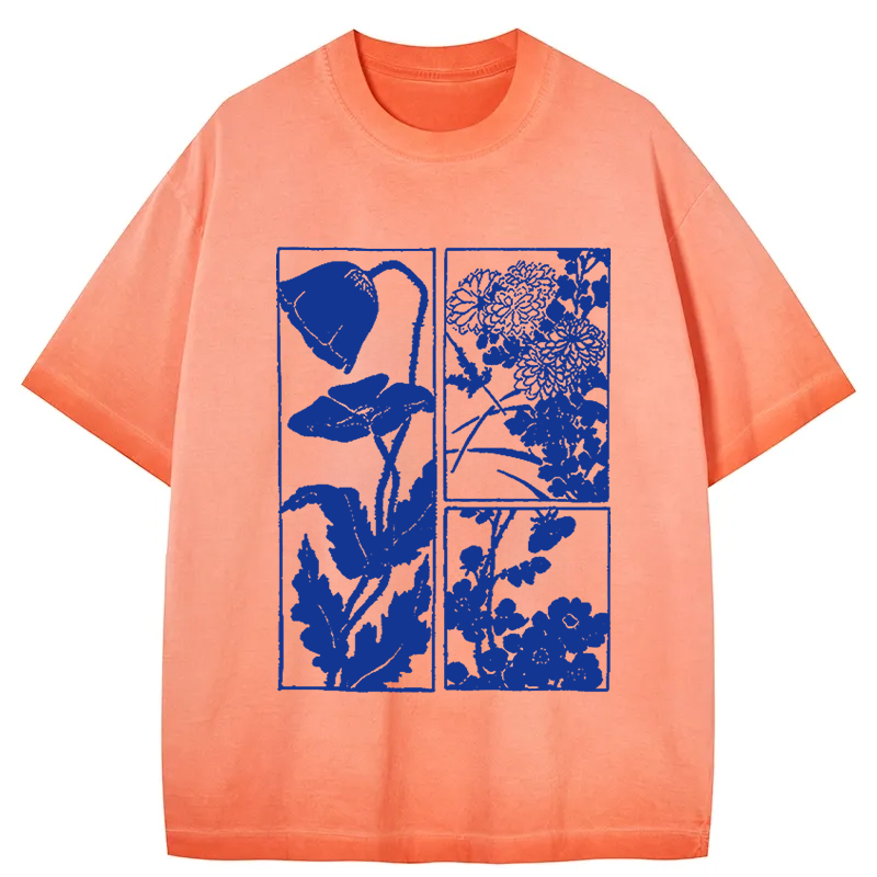 Tokyocanvas Woodcut Flowers Gradient Washed T-Shirt