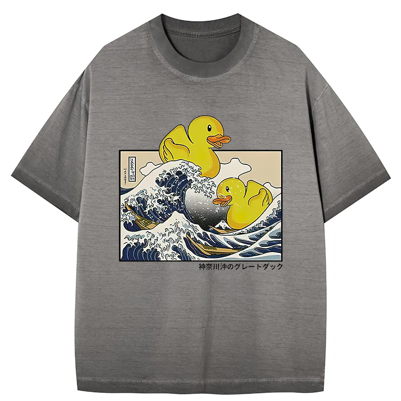 Tokyocanvas Ukiyoe Waves And Cute Yellow Duck Gradient Washed T-Shirt