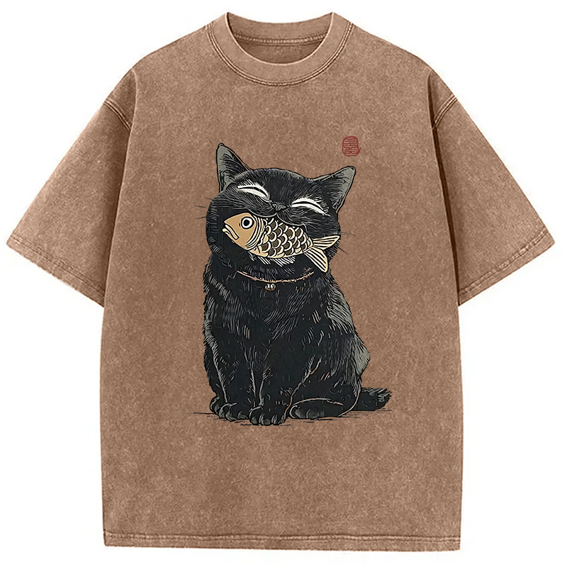 Tokyocanvas Happy Black Cat Washed T-Shirt