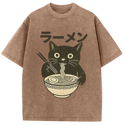 Tokyocanvas Simple Black Cat Eating Ramen Washed T-Shirt