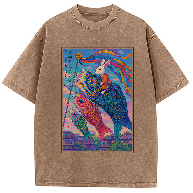 Tokyocanvas Ukiyoe Rabbit Ride Carp streamer Poster Washed T-Shirt