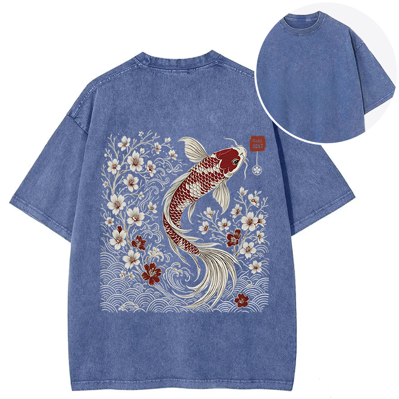 Tokyocanvas Vintage Sakura And Koi Back Washed T-Shirt