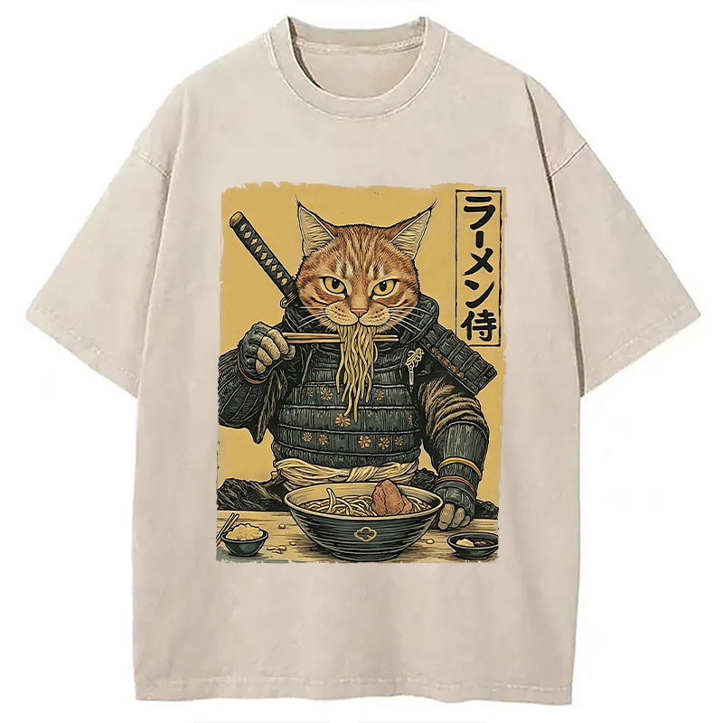 Tokyocanvas Cat General Eating Ramen Washed T-Shirt