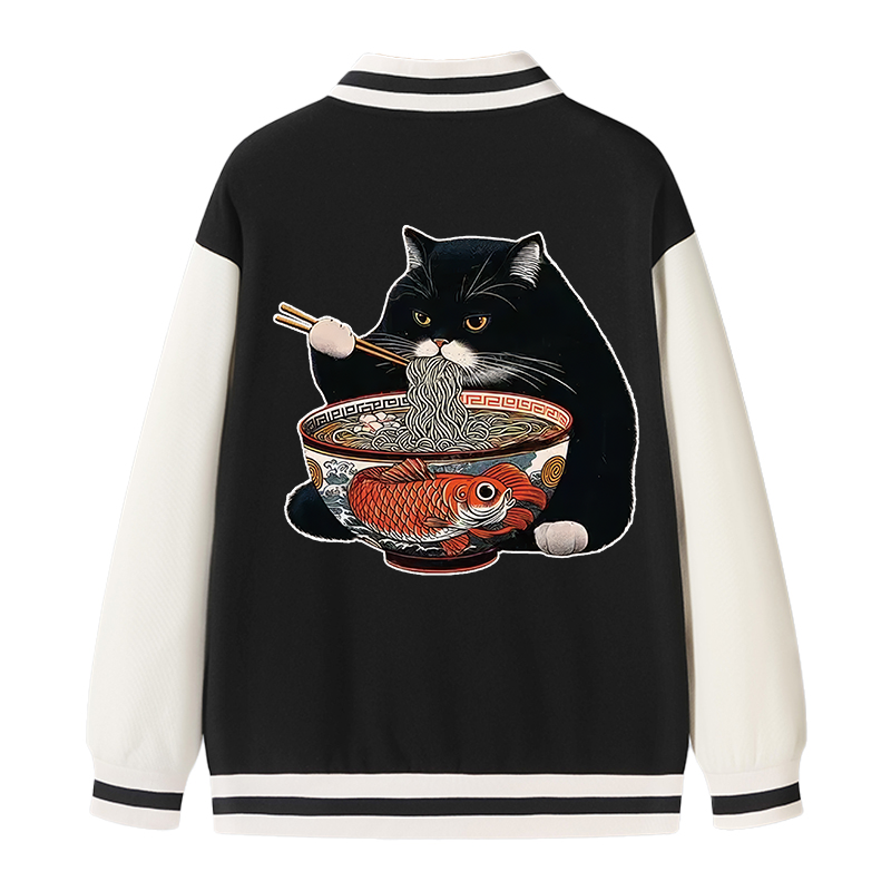 Tokyocanvas Fat Cat Eating Ramen Varsity Jacket
