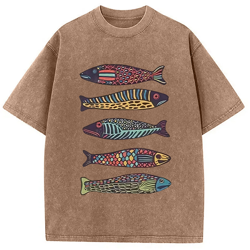 Tokyocanvas Colourful Schools Of Fish Washed T-Shirt