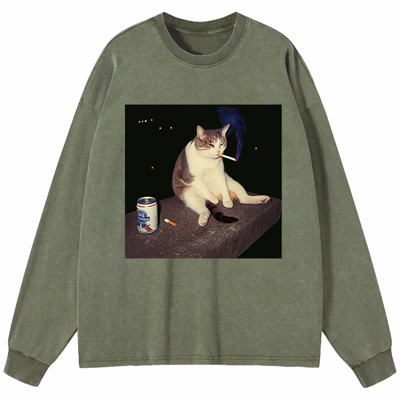 Tokyocanvas Cigarette Kitten Funny Smoking Cat Meme Long Sleeve Washed T-Shirt