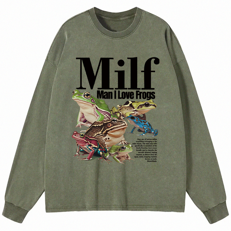 Tokyocanvas Man I Love Frogs Meme Long Sleeve Washed T-Shirt