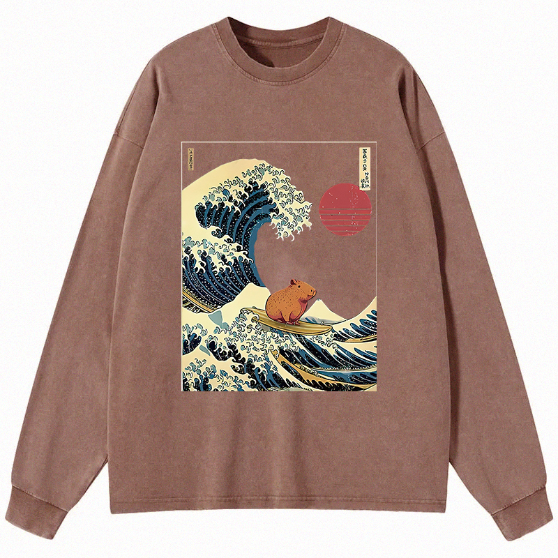 Tokyocanvas Capybara Surfing Long Sleeve Washed T-Shirt