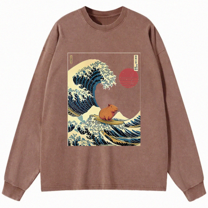 Tokyocanvas Capybara Surfing Long Sleeve Washed T-Shirt