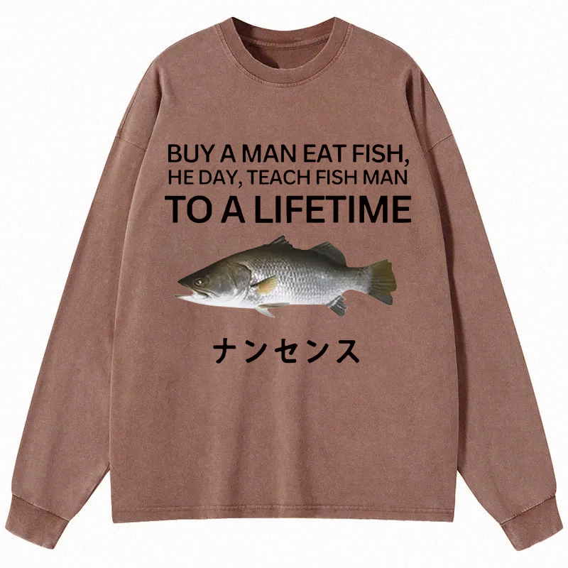 Tokyocanvas Buy a Man Eat Fish Long Sleeve Washed T-Shirt