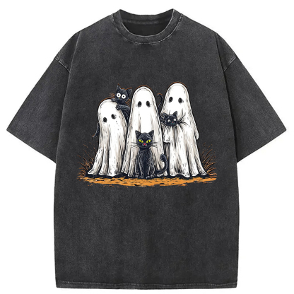 Tokyocanvas Black Cat Ghost Halloween Washed T-Shirt