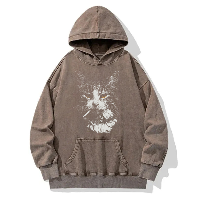Tokyocanvas Cool Cat Smoking Washed Hoodie