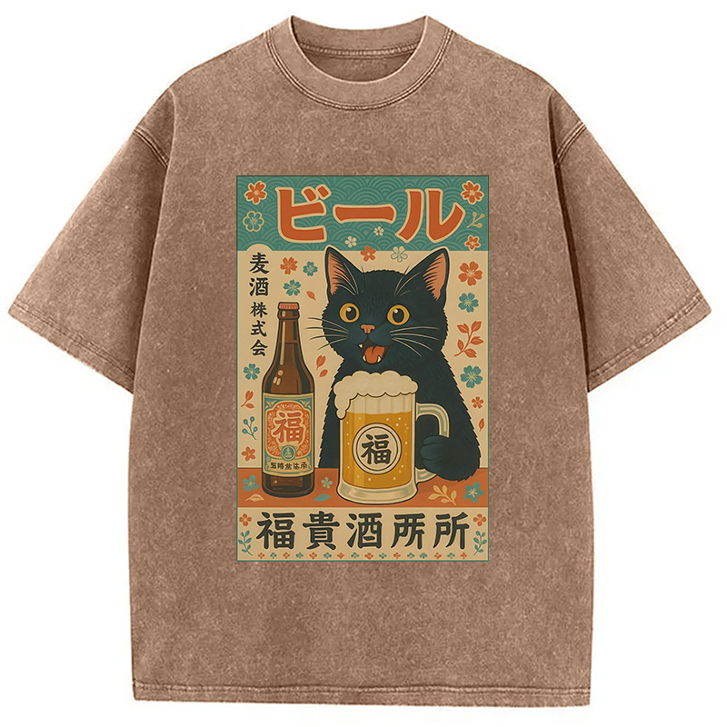 Tokyocanvas Japanese Black Cat Beer Washed T-Shirt