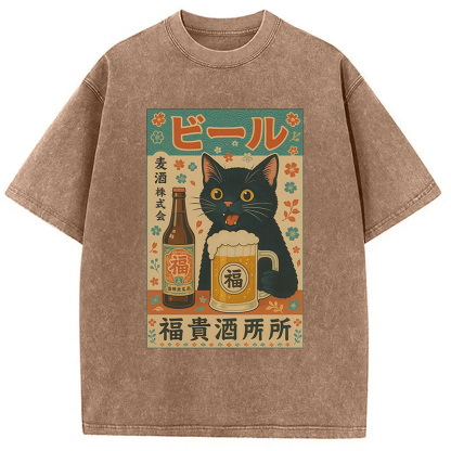 Tokyocanvas Japanese Black Cat Beer Washed T-Shirt