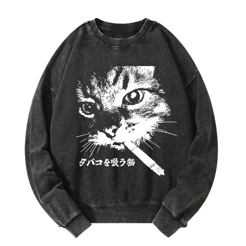 Tokyocanvas Retro Cat Smoking Washed Sweatshirt