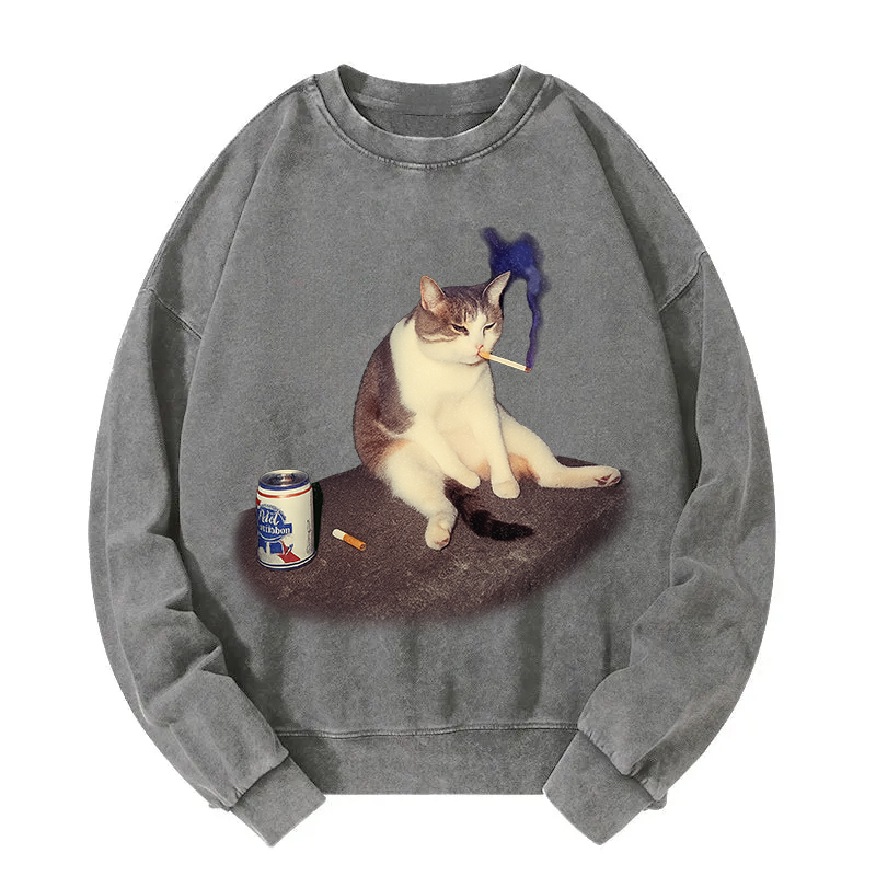 Tokyocanvas Custom Cat Smoking Meme Washed Sweatshirt