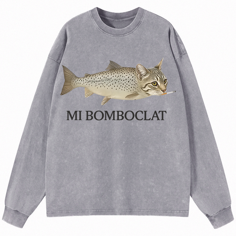 Tokyocanvas Bomboclat Fish Cat Meme Long Sleeve Washed T-Shirt