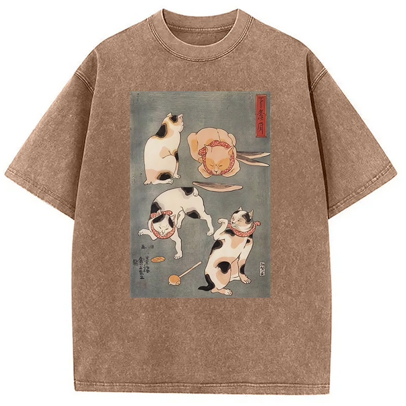 Tokyocanvas Japanese Four Cats Ukiyo-e Washed T-Shirt