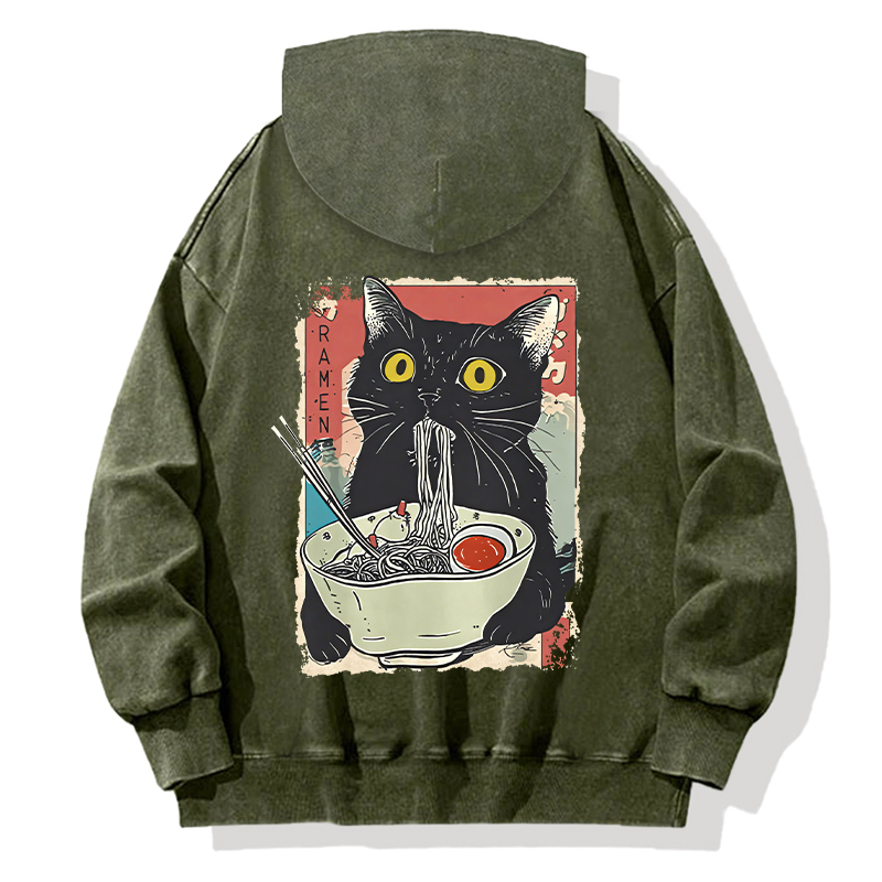 Tokyocanvas Cute Cat Eating Ramen Back Washed Hoodie