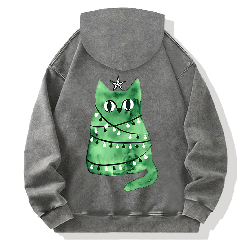 Tokyocanvas Watercolor green Christmas cat Back Washed Hoodie