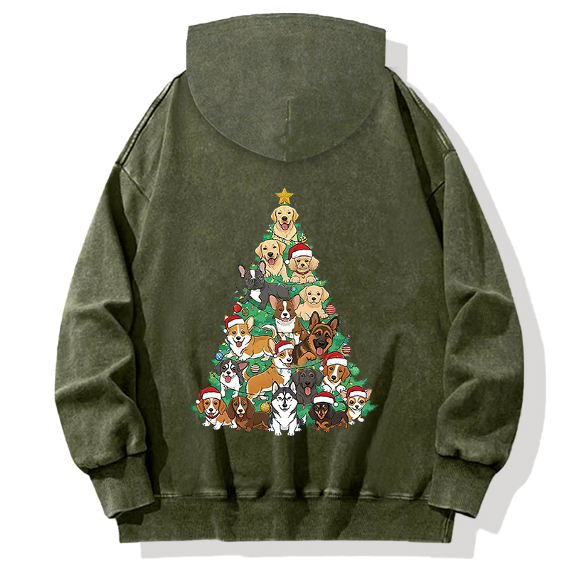 Tokyocanvas Christmas Tree Dog Funny Back Washed Hoodie