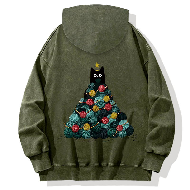 Tokyocanvas Yarn Christmas Tree Cat Back Washed Hoodie