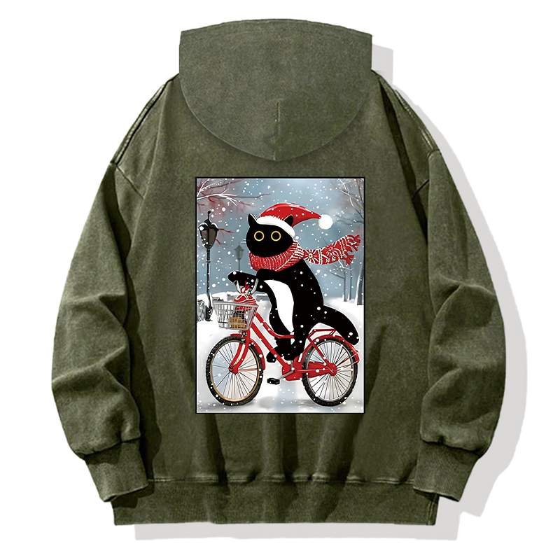 Tokyocanvas Black Cat Riding A Bicycle Back Home Back Washed Hoodie