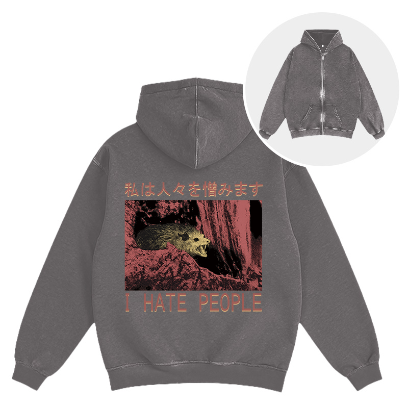 Tokyocanvas I Hate People Opossum Washed Zip Hoodie
