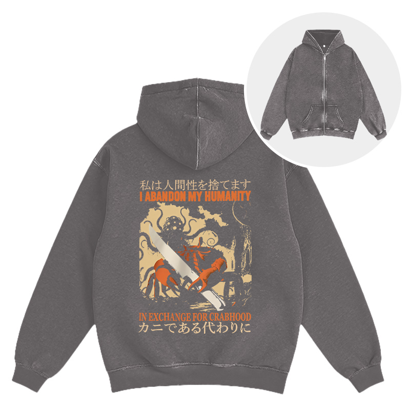 Tokyocanvas I Abandon My Humanity Crab Vintage Washed Zip Hoodie