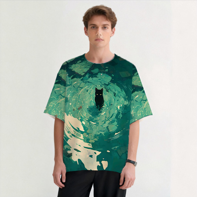 Tokyocanvas Emerald Green Black Cat Graphic Print T-shirt