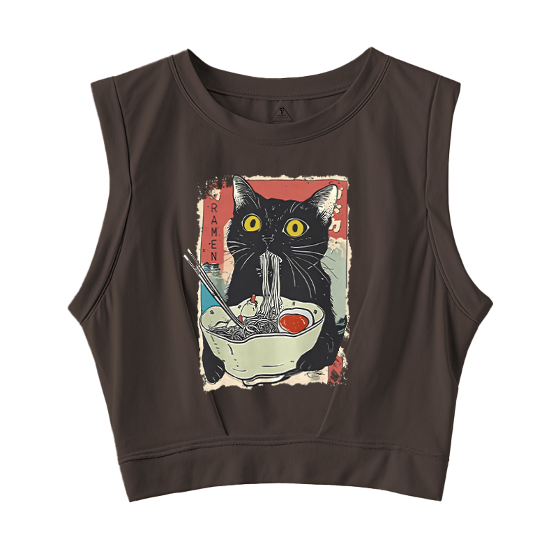 Tokyocanvas Cute Cat Eating Ramen Sleeveless Crop Top