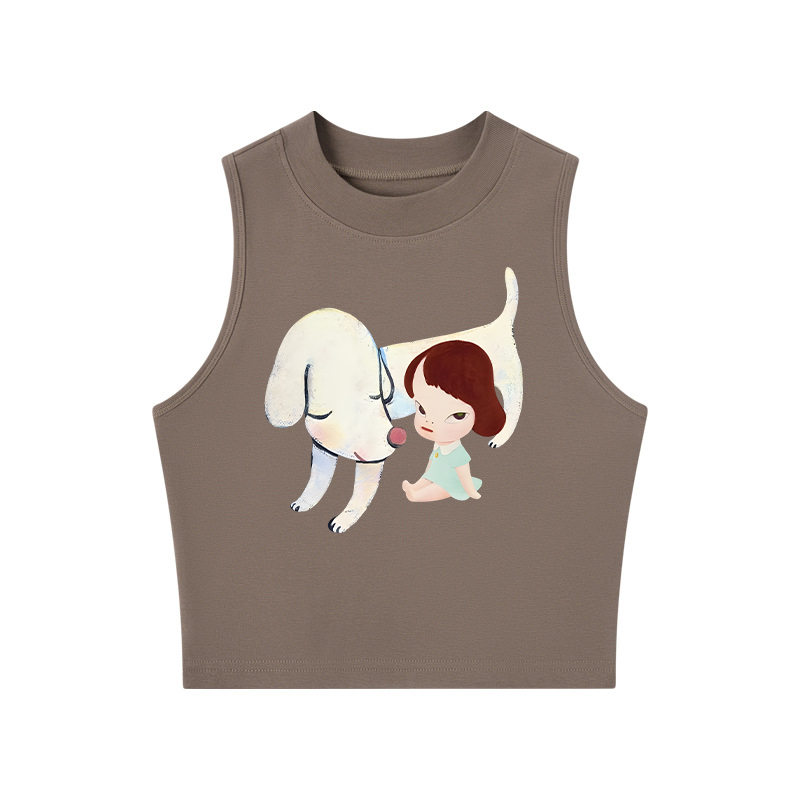 Tokyocanvas Dog & Girl Crew Neck Crop Top