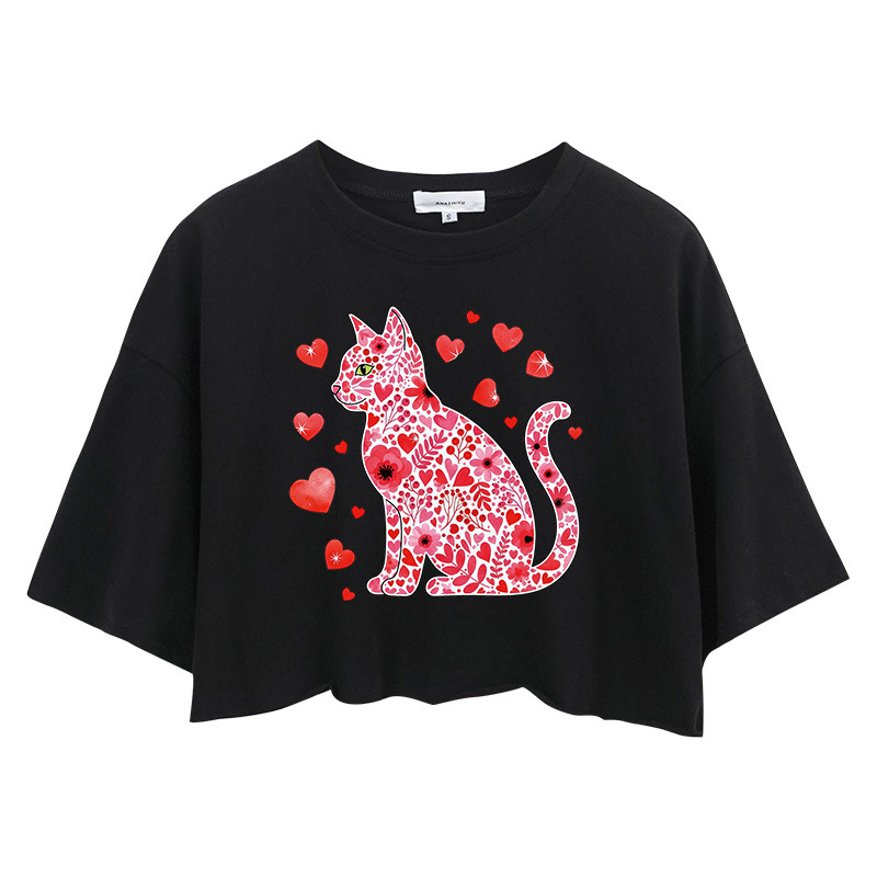 Tokyocanvas Floral Cat Valentines Day Crop Top