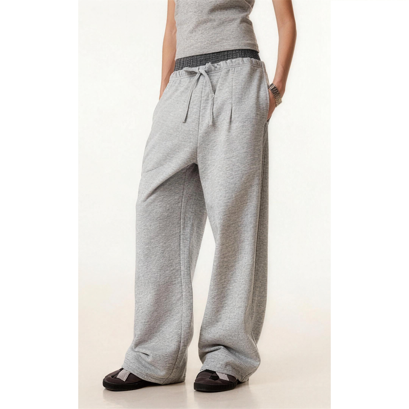 Tokyocanvas Patchwork Double-waistband Wide-leg Sweatpants