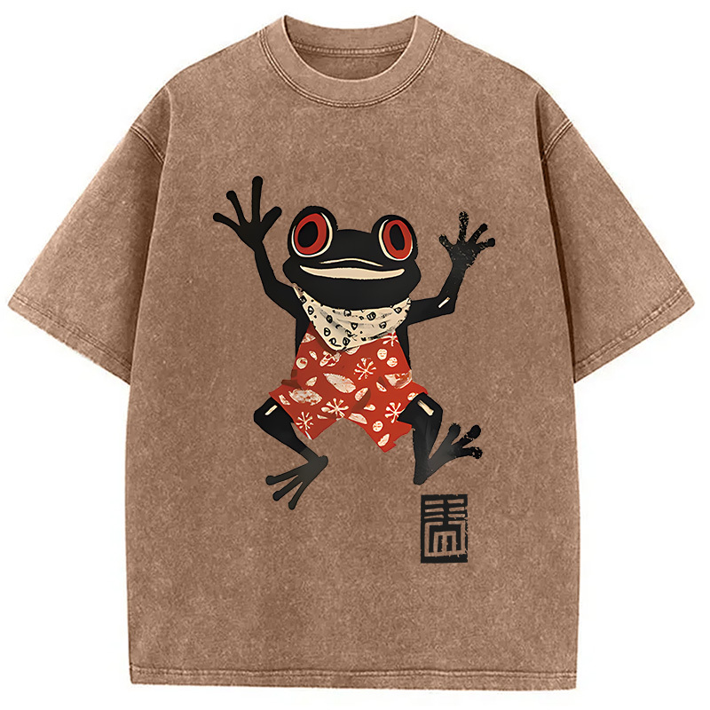 Tokyocanvas Japanese Happy Frog Ukiyoe Washed T-Shirt