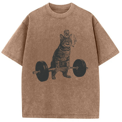 Tokyocanvas Funny Deadlift Cat Washed T-Shirt
