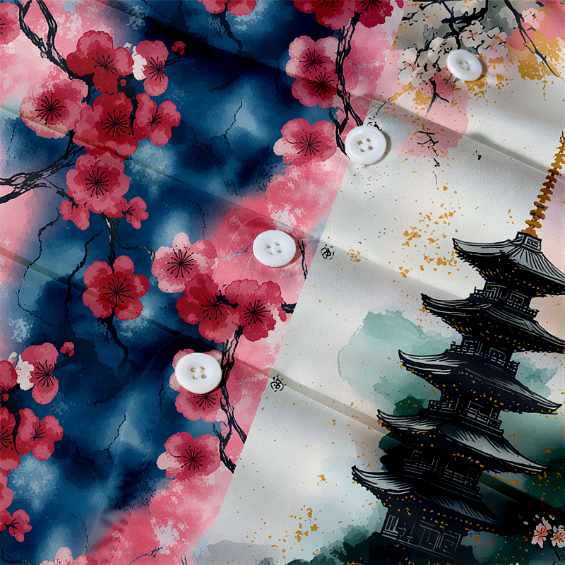 Tokyocanvas Floral Cherry Blossom Pagoda Hawaiian Shirt