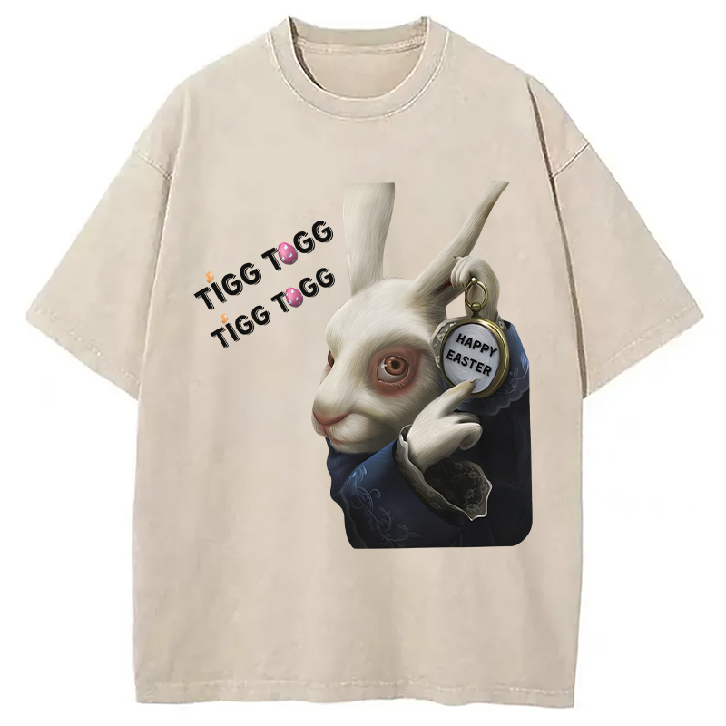 Tokyocanvas Tick Tock Funny Easter Bunny Washed T-Shirt