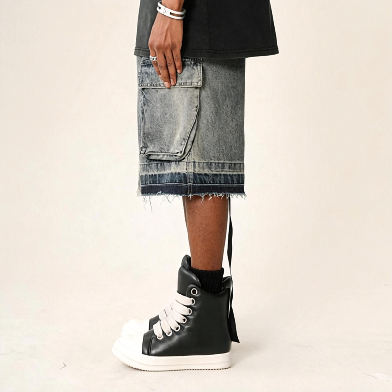 Tokyocanvas Large pocket Frayed Blue Denim Short