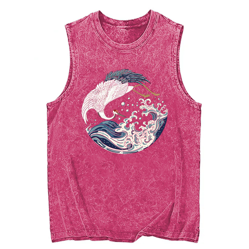 Tokyocanvas Crane Bird Wave Washed Tank