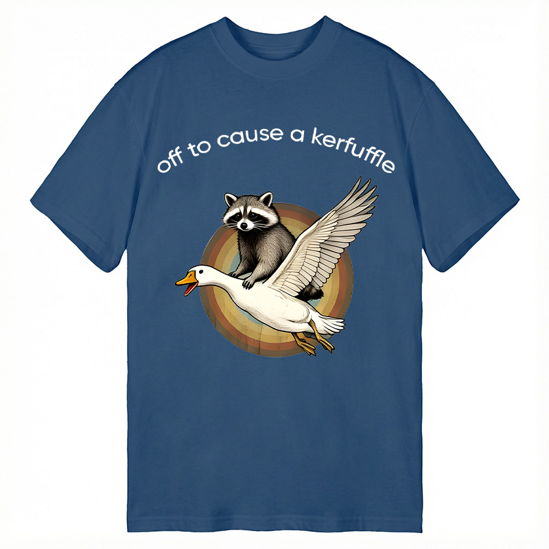 Tokyocanvas Off To Cause A Kerfuffle Funny Raccoon Riding Silly Goose Classic T-Shirt