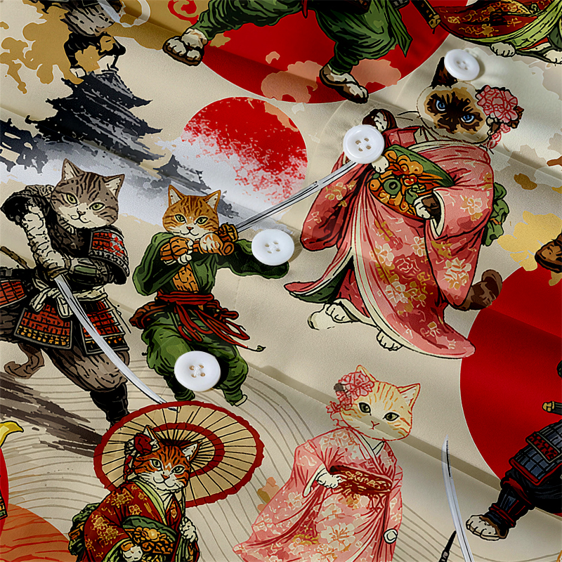 Tokyocanvas Japanese Samurai Cat  Hawaiian Shirt