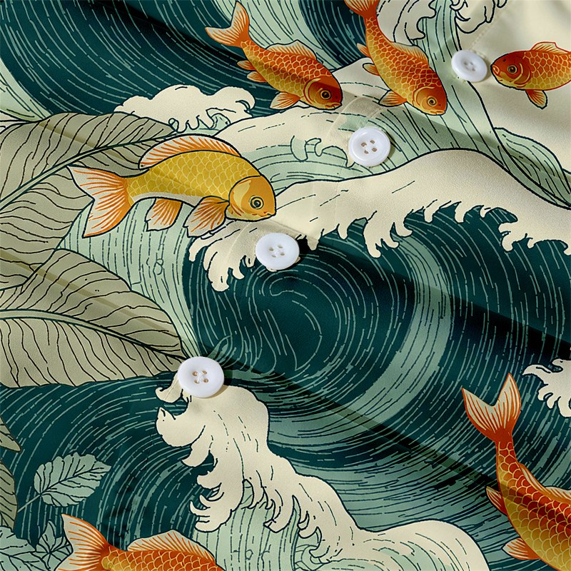 Tokyocanvas Koi Meets Ocean Waves Hawaiian Shirt