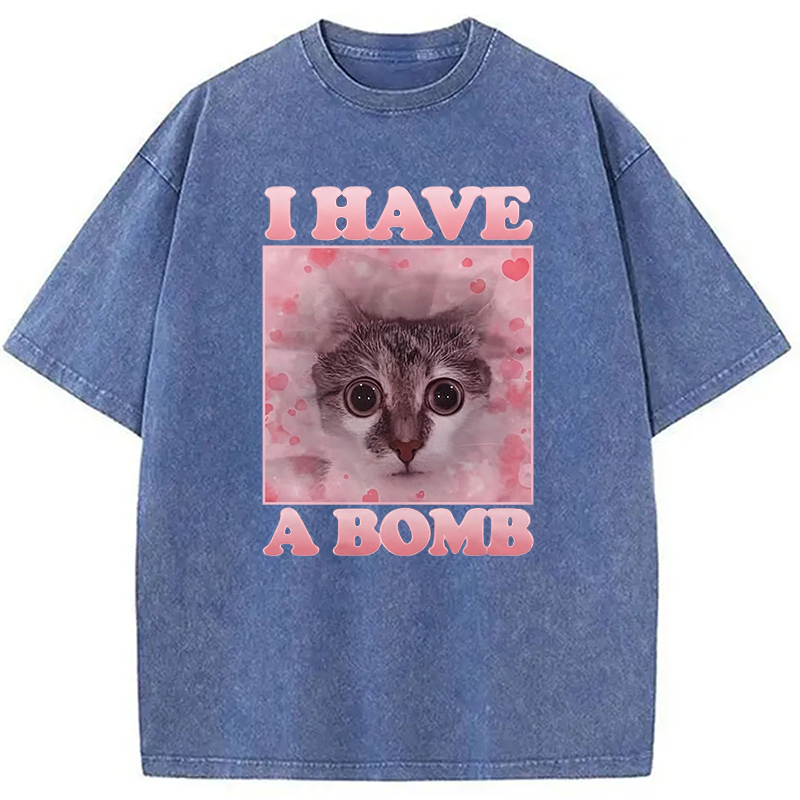 Tokyocanvas I Have a Bomb Funny Cat Dank Meme Washed T-Shirt