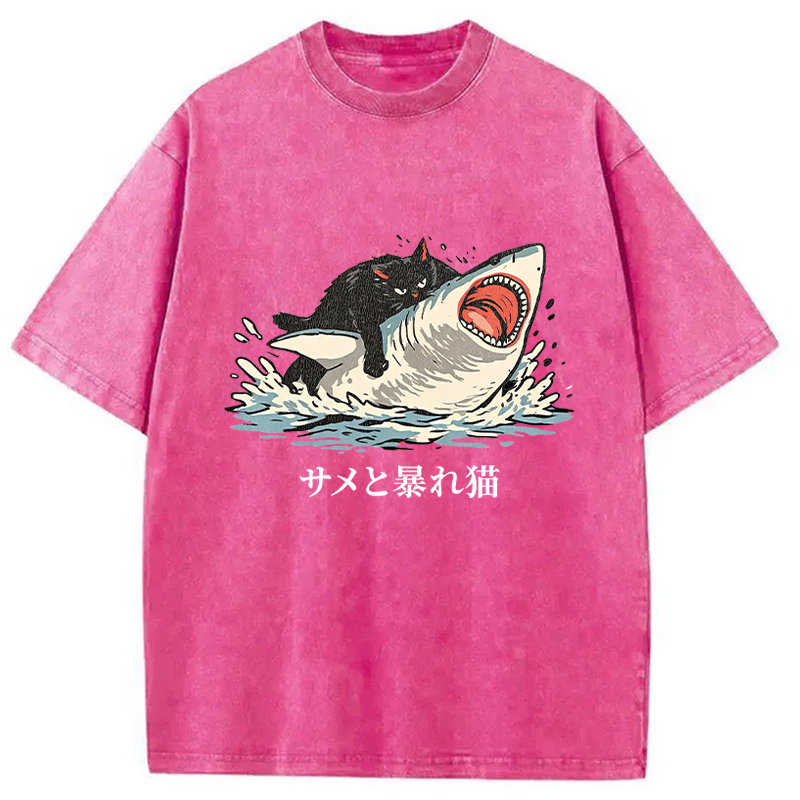 Tokyocanvas Fat Cat Vs Shark Washed T-Shirt