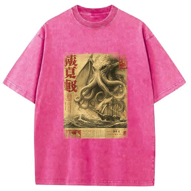 Tokyocanvas Cthulhu Kraken Vintage Japanese Sea Monster Newspaper Washed T-Shirt
