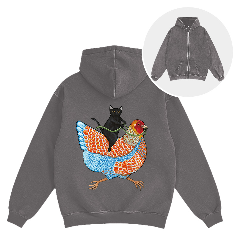 Tokyocanvas Black Cat On a Wyandotte Chicken Washed Zip Hoodie