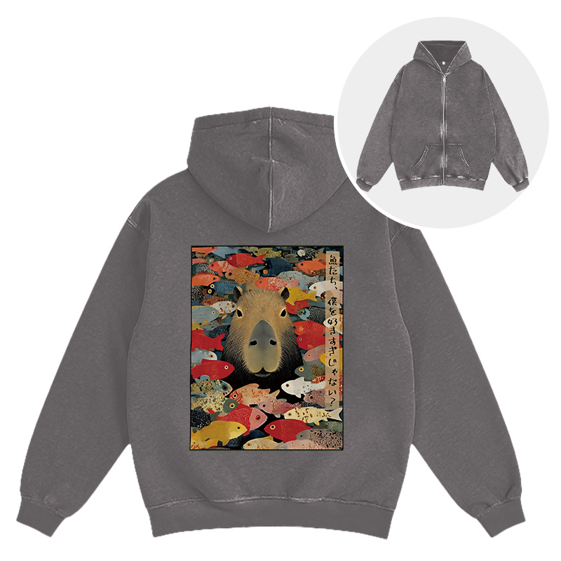 Tokyocanvas Am I Too Lovable Capybara Washed Zip Hoodie