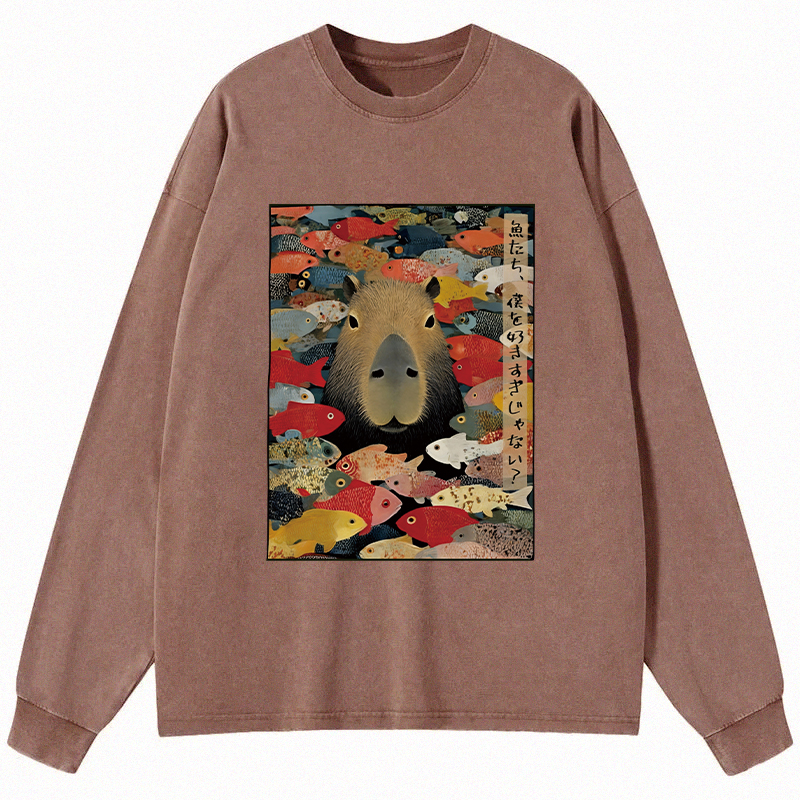 Tokyocanvas Am I Too Lovable Capybara Long Sleeve Washed T-Shirt