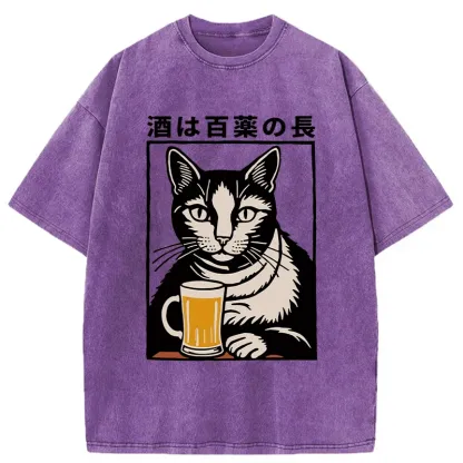 Tokyocanvas Cat And Beer Japanese Washed T-Shirt